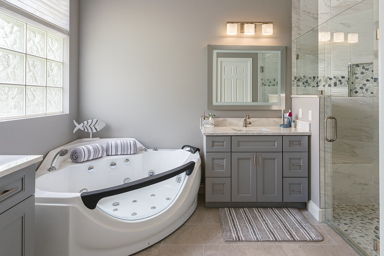 Luxury bathroom remodeling project with jetted tub and custom vanity in Boca Raton